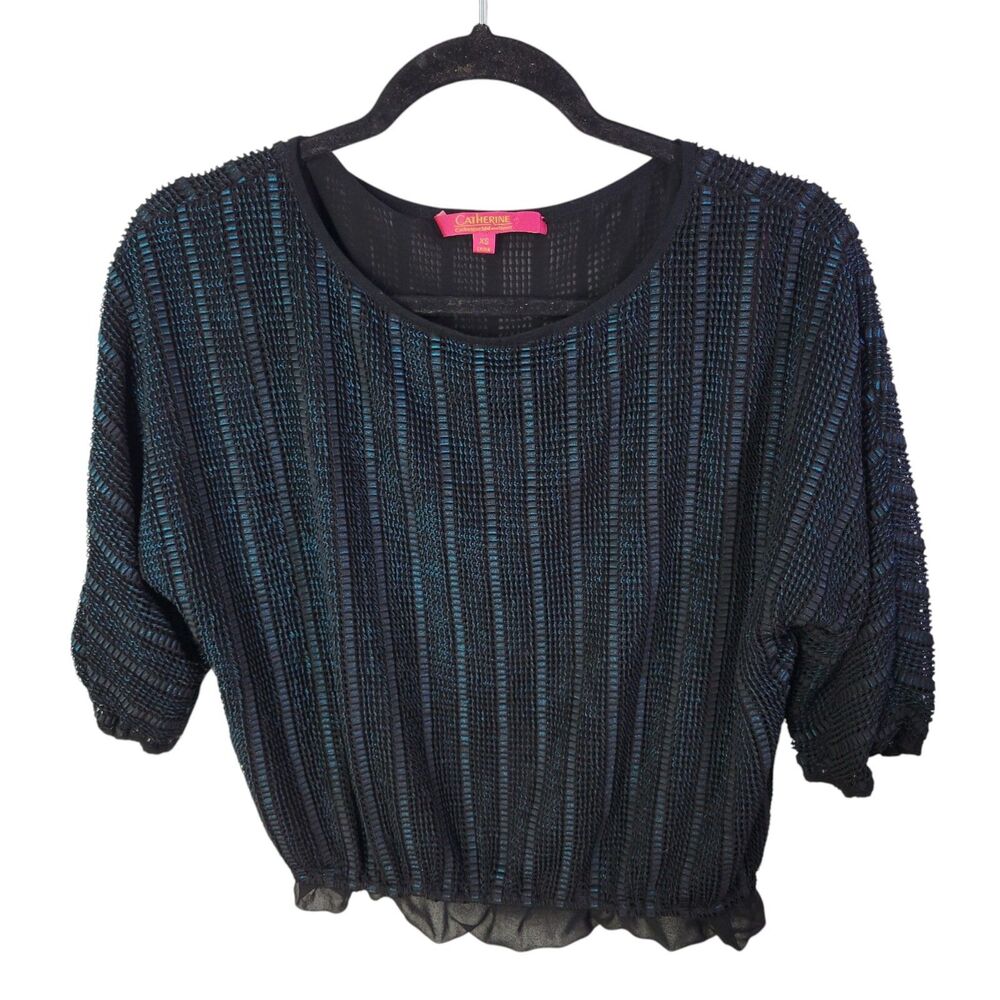 Catherine Womens Sz XS Black Blue Striped Short Sleeve Crop Blouse